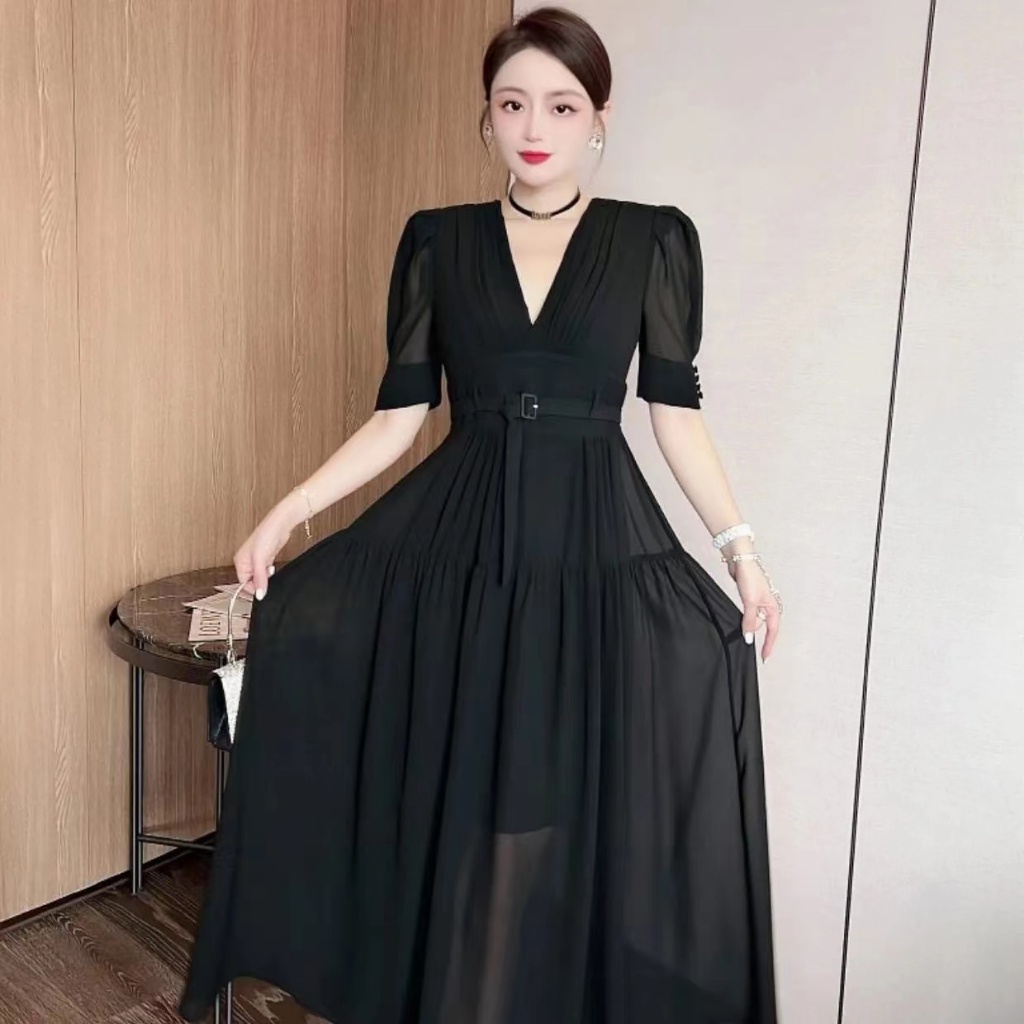 FANMU 2025 V -Neck baru rok besar/gaun hitam elegan/gaun liar/gaun pesta/dress pesta