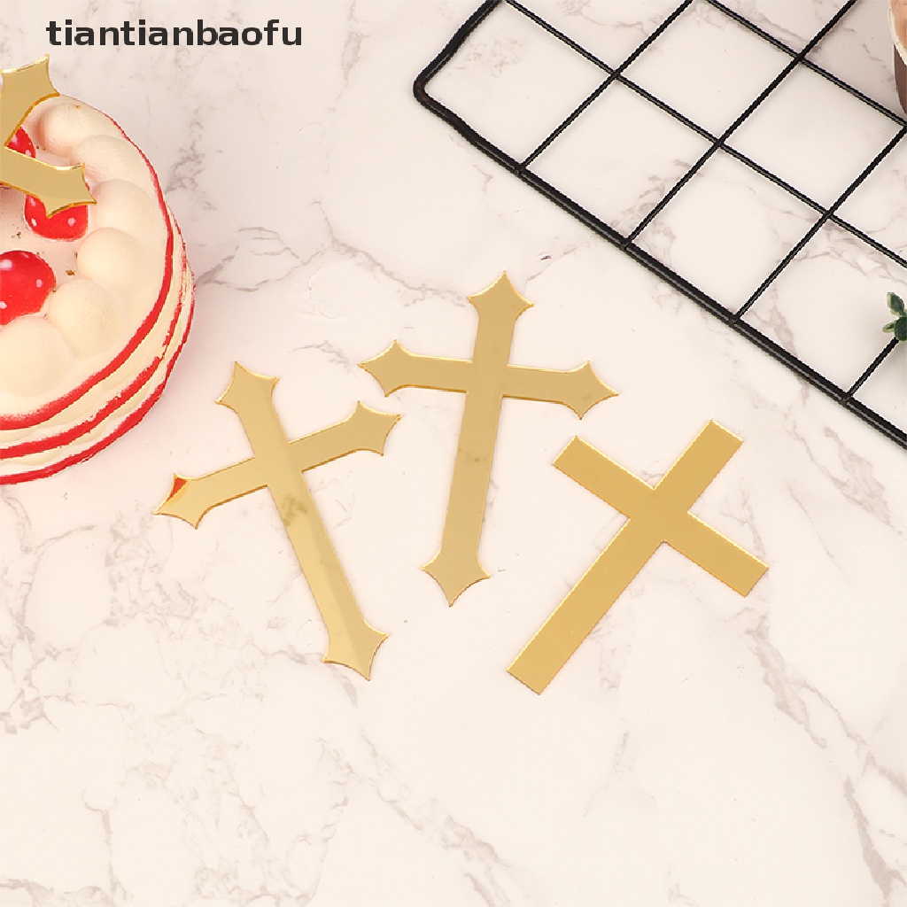 [tiantianbaofu] 5pcs 10 * 7cm Akrilik Cross Gold Topper Perjamuan Pertama Minimalis Sisipan Kue Butik