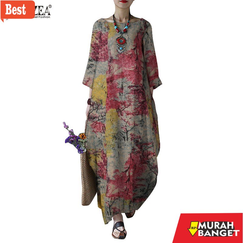 GAMIS RAMADHAN TERBARU UNTUK WANITA- ZANZEA Women Casual Ptinted 3/4 Sleeve Side Pockets Maxi Dress