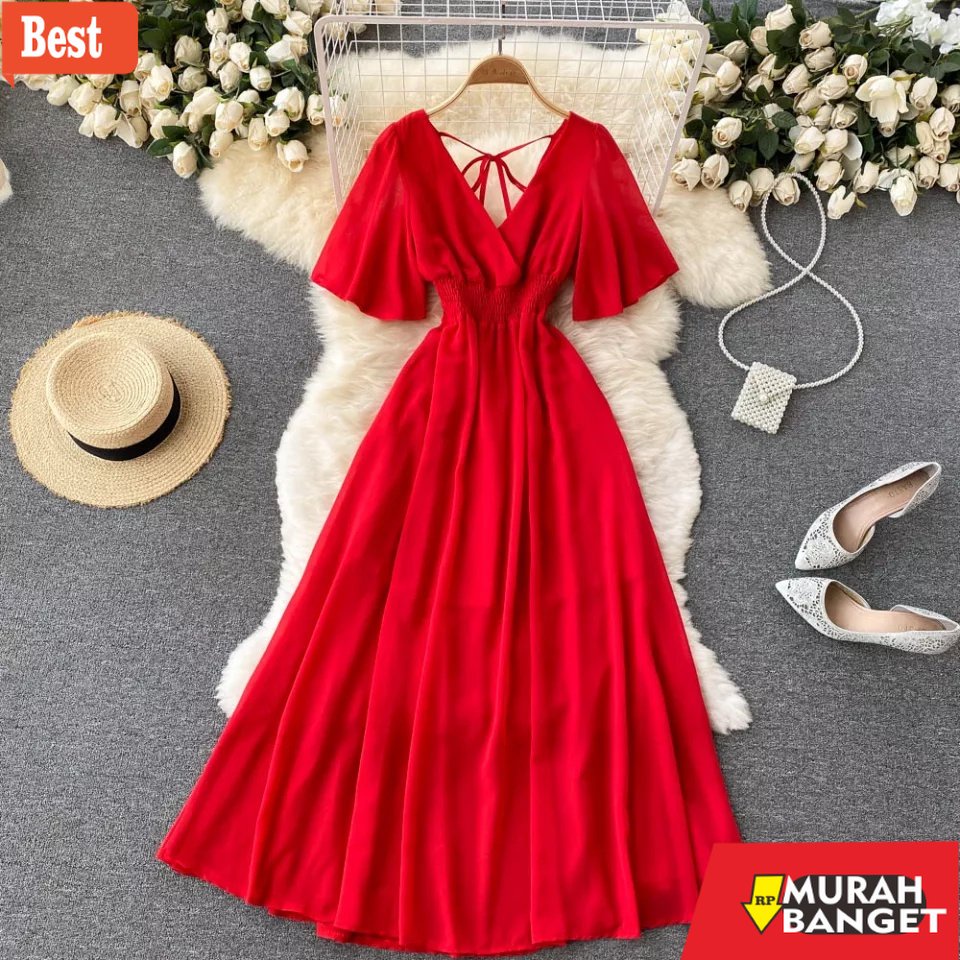 GAMIS RAMADHAN TERBARU UNTUK WANITA- Maxi dress kondangan party pesta wanita V neck lengan butterfly