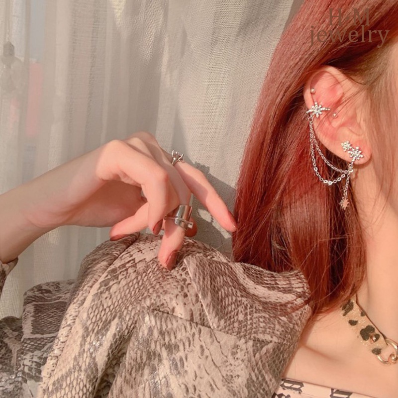 Anting Asimetris Perak S925 2023anting Rumbai Baru Klip Telinga Tanpa Tindik