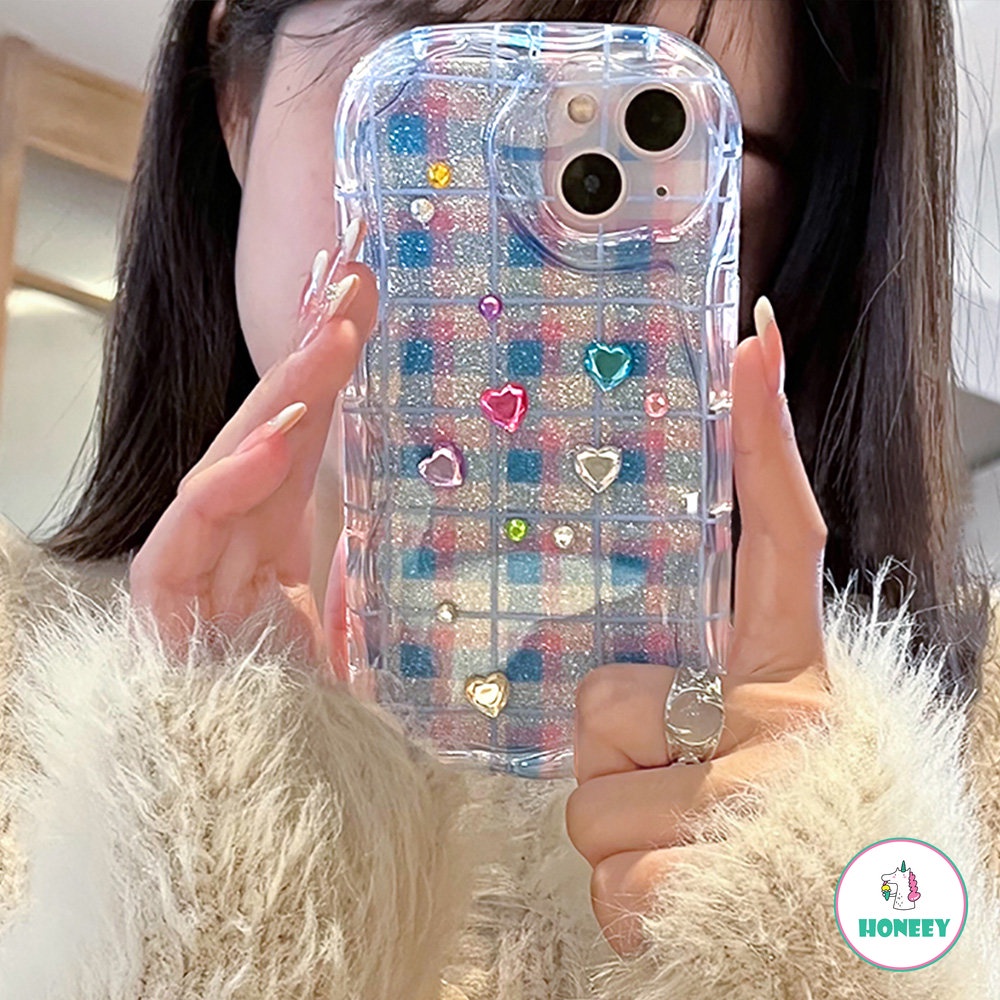 IPHONE Gaya Fashion Untuk Apple14 promax Ponsel Case Untuk Iphone11 12 13 Pro Max DIY Stereo Cinta Hati Stiker Berlian Silikon Lembut Anti-Drop Cover