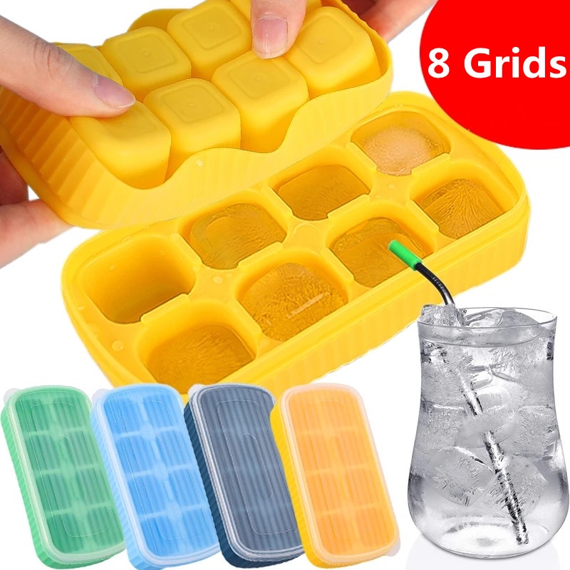 8kisi Cetakan Pembuat Es Batu Sederhana Food Grade Reusable Dengan Tutup Soft Bottom Ice Mould Shapes Untuk Whiskey Cocktail Aksesoris Gadget Dapur