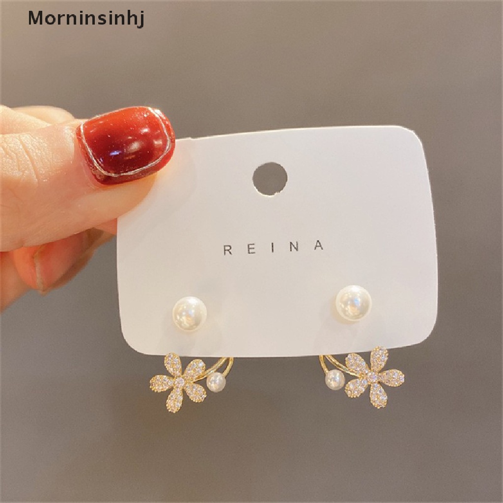 Mornin 1pasang Korea Imitasi Mutiara Bunga Stud Earrings Wanita Fashion Kristal Perhiasan Elegan Pesta Sehari-Hari Ikan Ekor Anting Dengan Mutiara Empat Cakar Telinga Baris Anting Hadiah id