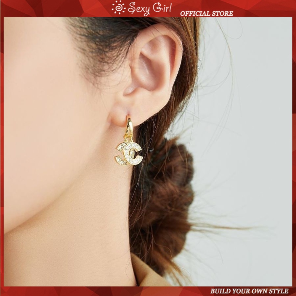 S925 Perak Korea Bintang Dengan Yang Sama Ganda C Anting Surat Anting Fashion Temperamen Anting Perempuan Perhiasan Gadis Seksi