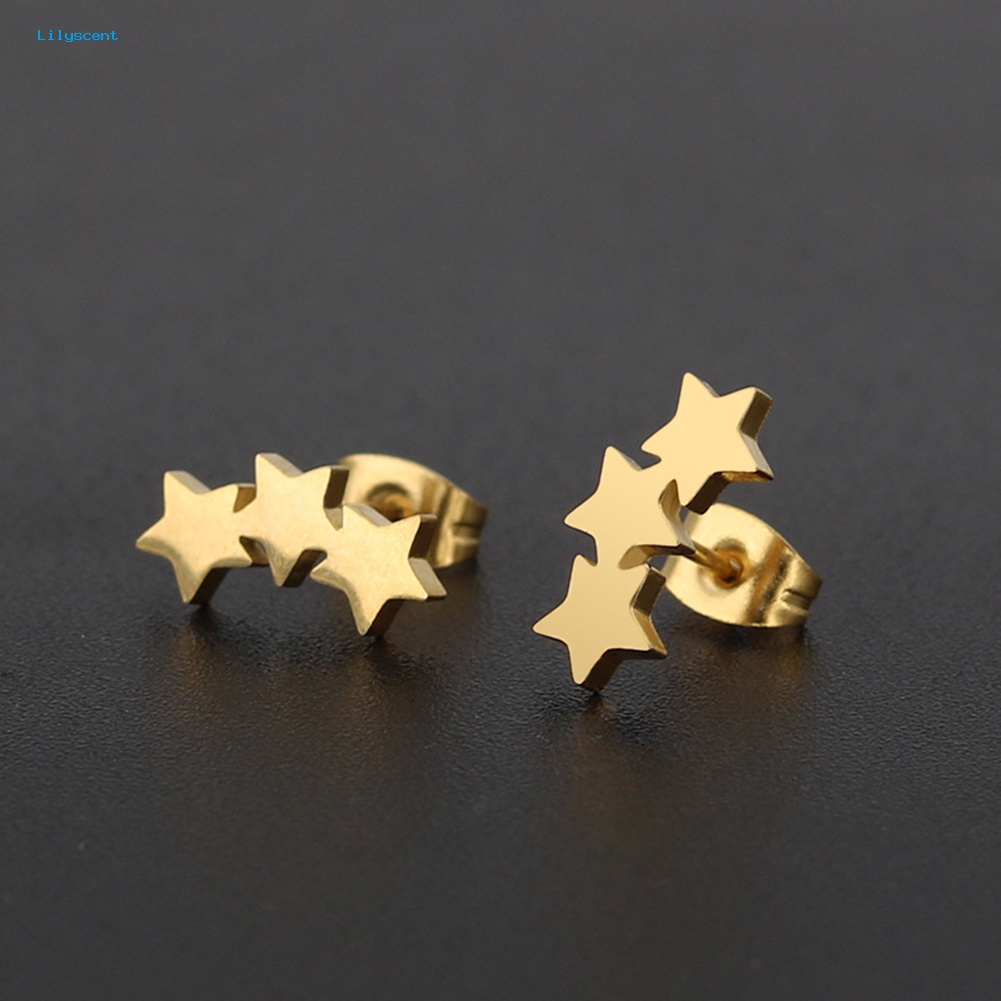 Lilyscent Chic Triple Star Ear Studs Stainless Steel Anting Wanita Tindik Perhiasan Pesona