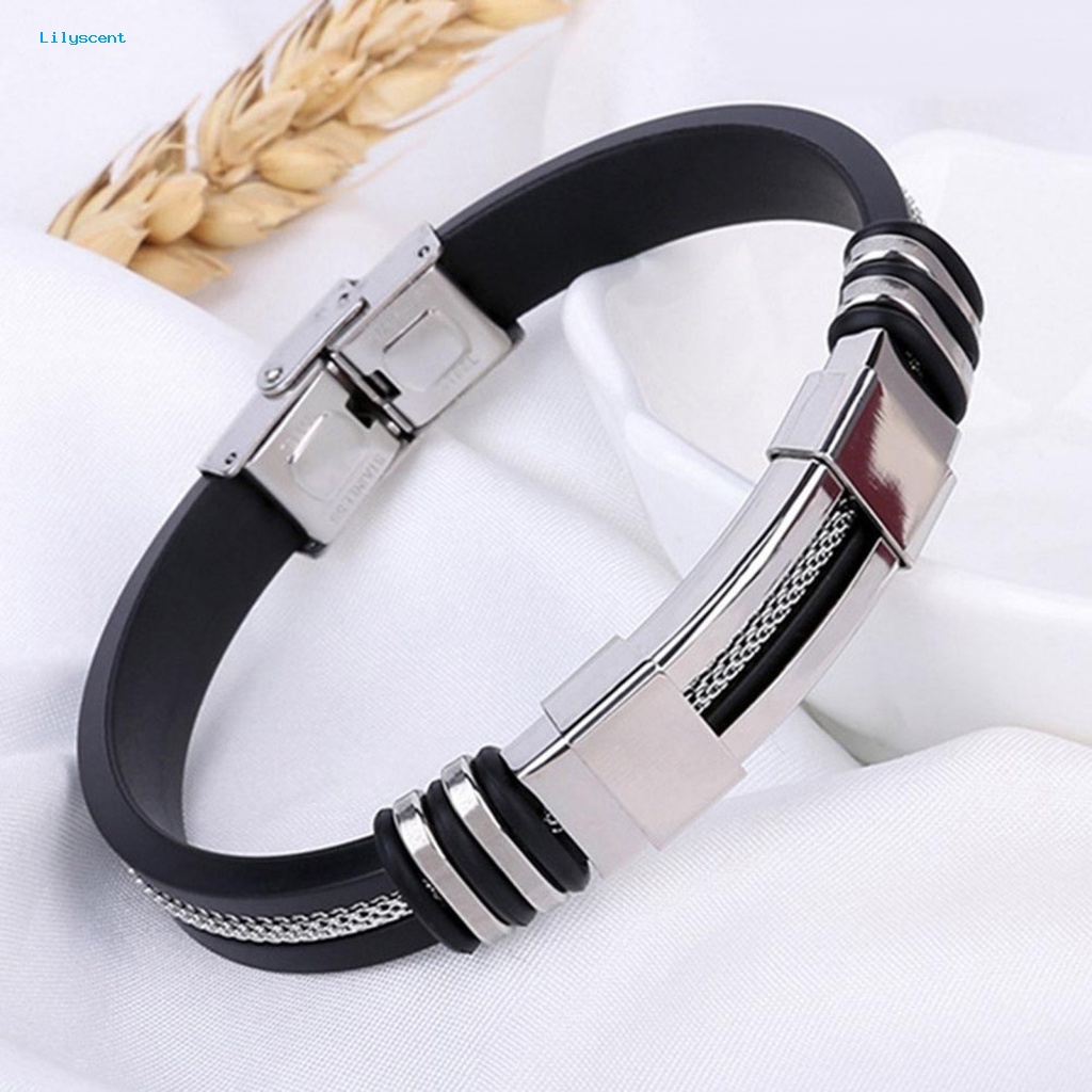 Lilyscent Gelang Tangan Silikon Untuk Kehidupan Sehari-Hari Pria Kawat Stainless Steel Gelang Lebar Kawat Anti Karat