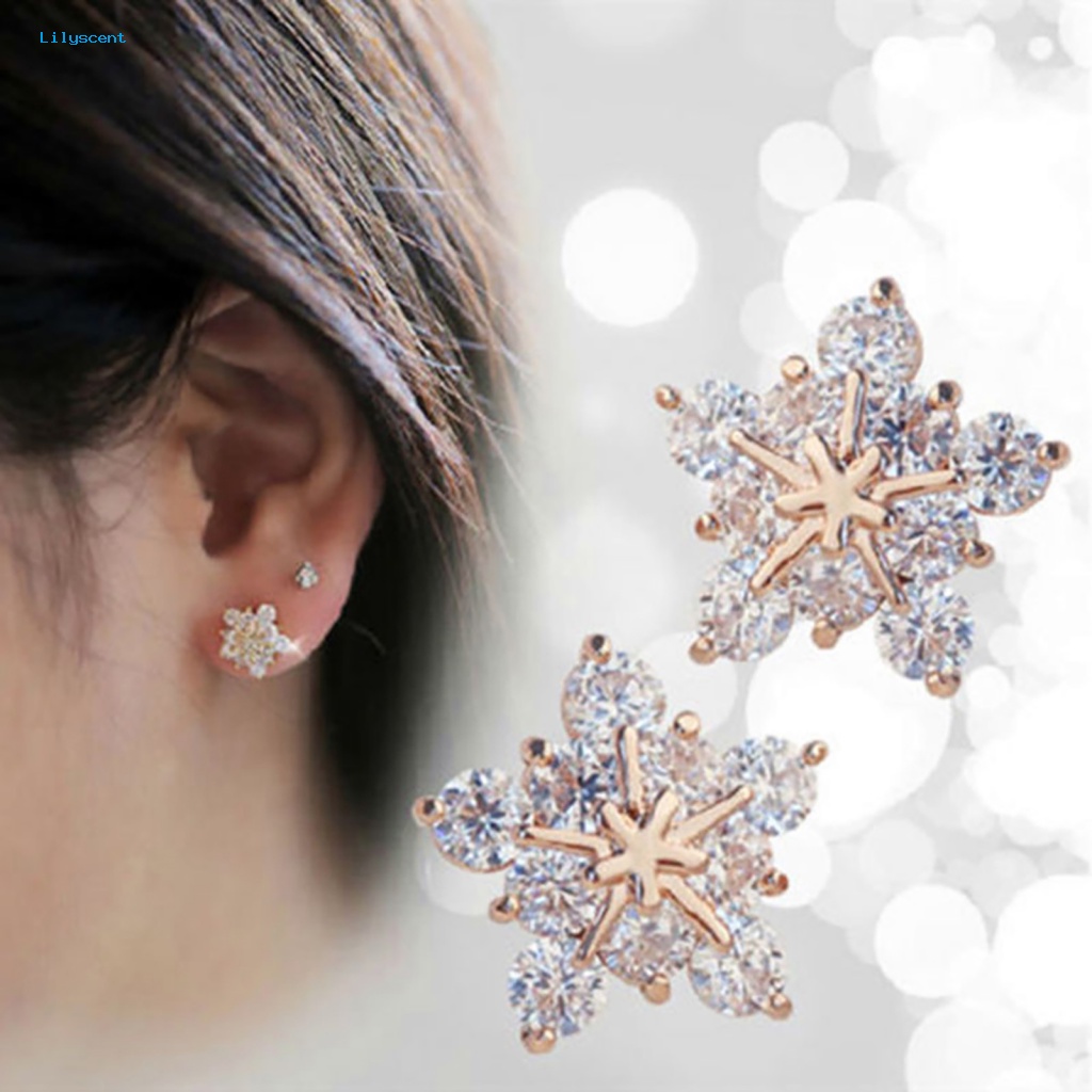 Lilyscent 1pasang Earing Lady Stud Bentuk Snowflake Untuk Hadiah Berlian Imitasi Earing Lovely