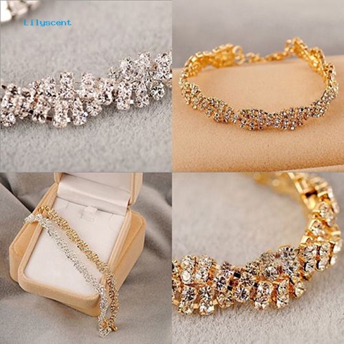 Lilyscent Fashion Wanita Emas Perak Berlapis Kristal Bening Rantai Gelang Bangle Perhiasan