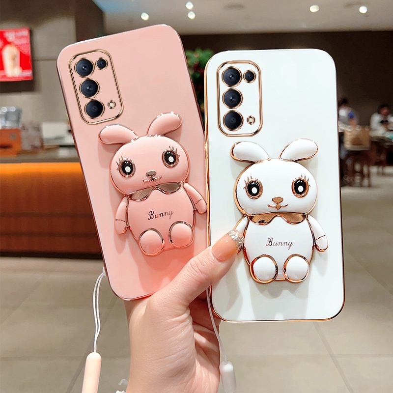 Andyh Case Handphone Untuk OPPO Reno 5 Pro Reno 6 Pro 5G Reno 6Z Kartun Lucu Kelinci Kecil Tepi Lurus Soft Shell Mengirim lanyard Silikon