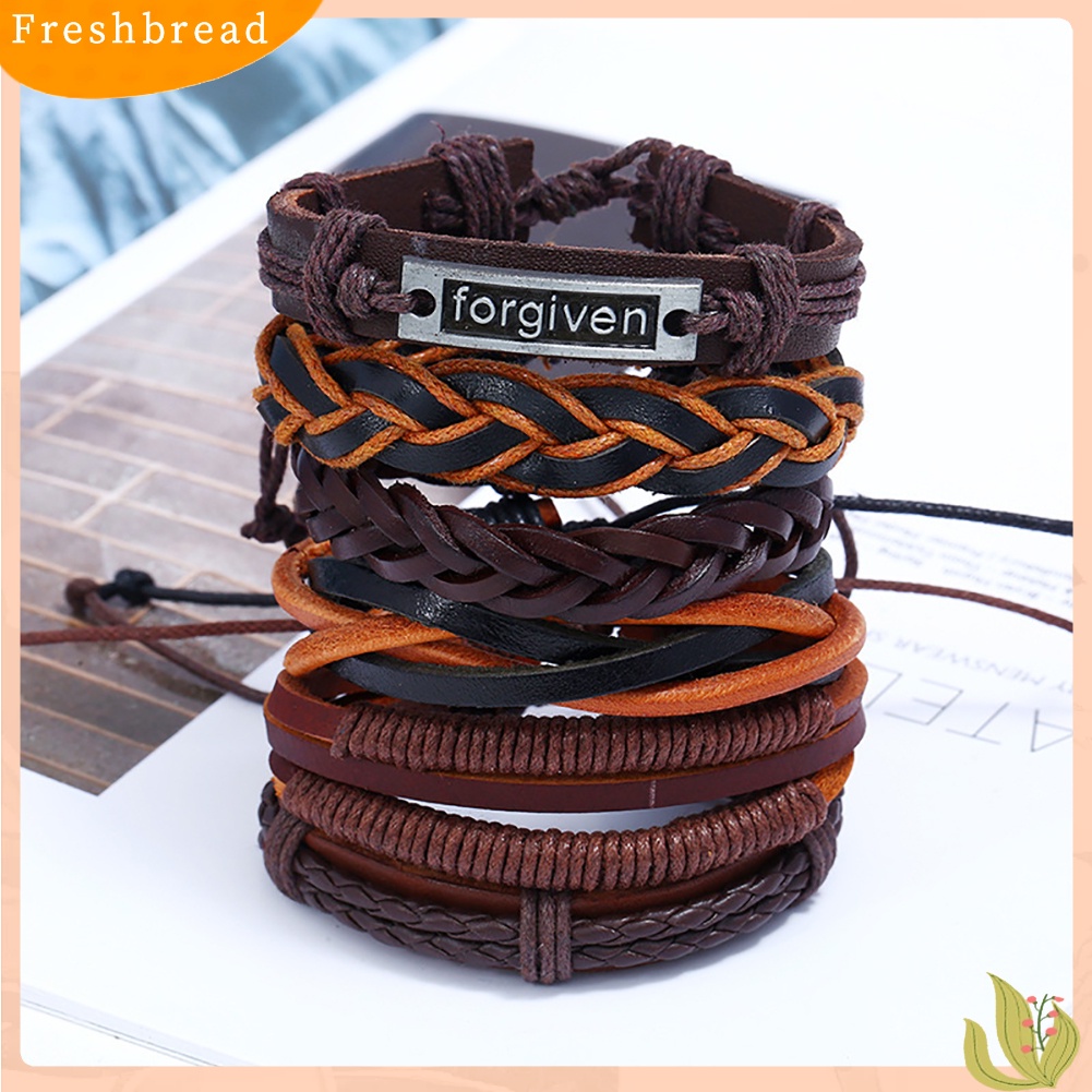 &lt; Freshbread &gt; 6Pcs/Set Pria Vintage Punk Dikepang Kulit Imitasi Multilayer Handmade Gelang Set