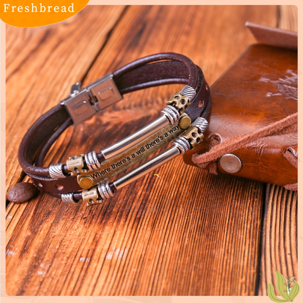 &lt; Freshbread &gt; Vintage Unisex Faux Leather Multilayer Motto Ukiran Gelang Tangan Perhiasan