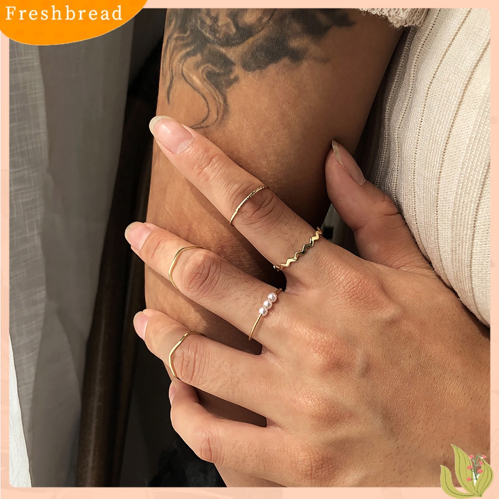 &lt; Freshbread &gt; 5Pcs/set Wanita Stackable Berlian Imitasi Gelombang Tipis Midi Cincin Buku Jari Cincin Perhiasan Aksesori