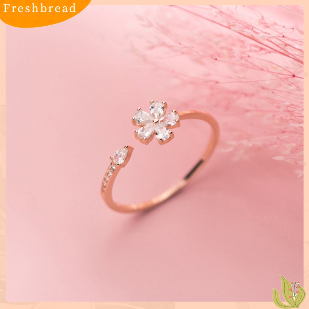 &lt; Freshbread &gt; Wanita Cincin Pembukaan Manis Mewah Emas Warna Perak Berlian Imitasi Tertanam Lima Kelopak Bunga Jari Cincin Perhiasan Fashion