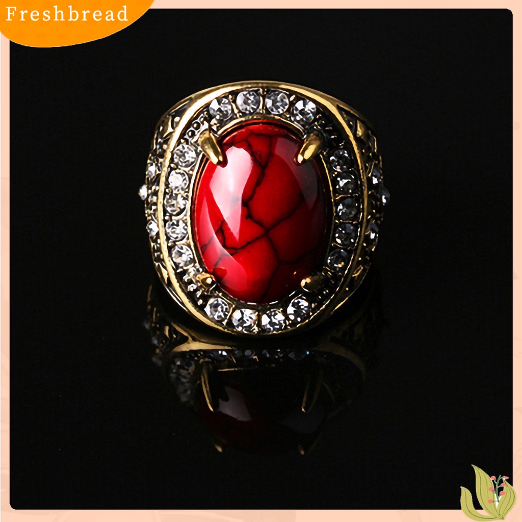 &lt; Freshbread &gt; Cincin Unisex Turquoise Hias Berlian Imitasi Retro Pria Wanita Perhiasan Cincin Untuk Pesta