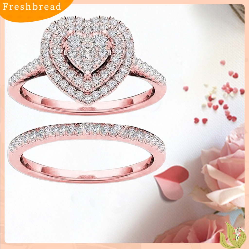 &lt; Freshbread &gt; 2Pcs/Set Cincin Menarik Hias Alloy Halus Bentuk Hati Berlian Imitasi Wanita Bridal Ring Untuk Pernikahan