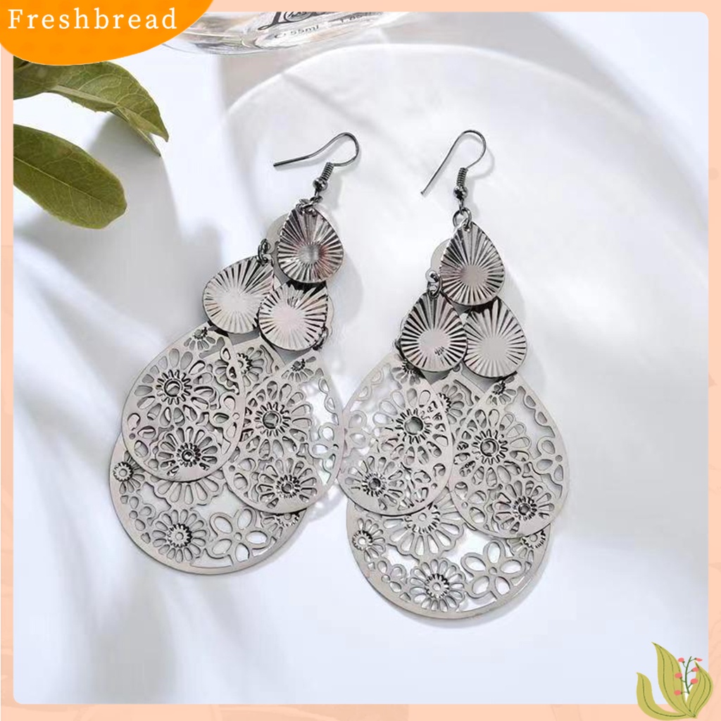 &lt; Freshbread &gt; 1pasang Anting Kait Berlebihan Retro Geometris Elegan Berongga Bunga Tetesan Air Liontin Wanita Menjuntai Anting Perhiasan Fashion