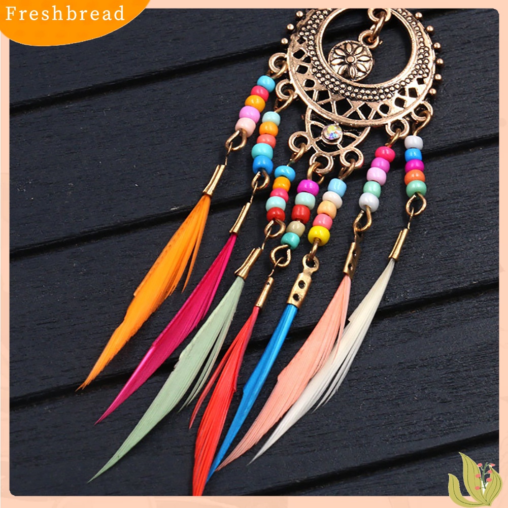 &lt; Freshbread &gt; Boho Wanita Berongga Ukir Lingkaran Bulu Rumbai Menjuntai Kait Anting Perhiasan