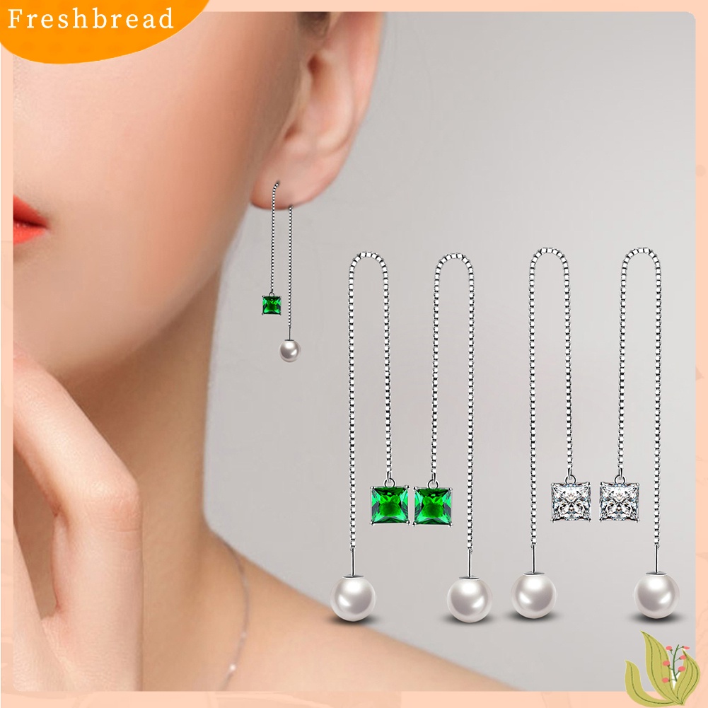 < Freshbread > Wanita Perak Berlapis Tipis Rantai String Menjuntai Garis Panjang Liner Threader Earrings
