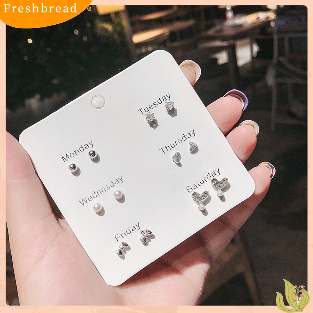 &lt; Freshbread &gt; 6/7pasang Wanita Stud Anting Hati Mutiara Imitasi Perhiasan Berlian Imitasi Berkilau Ear Studs Perhiasan Hadiah