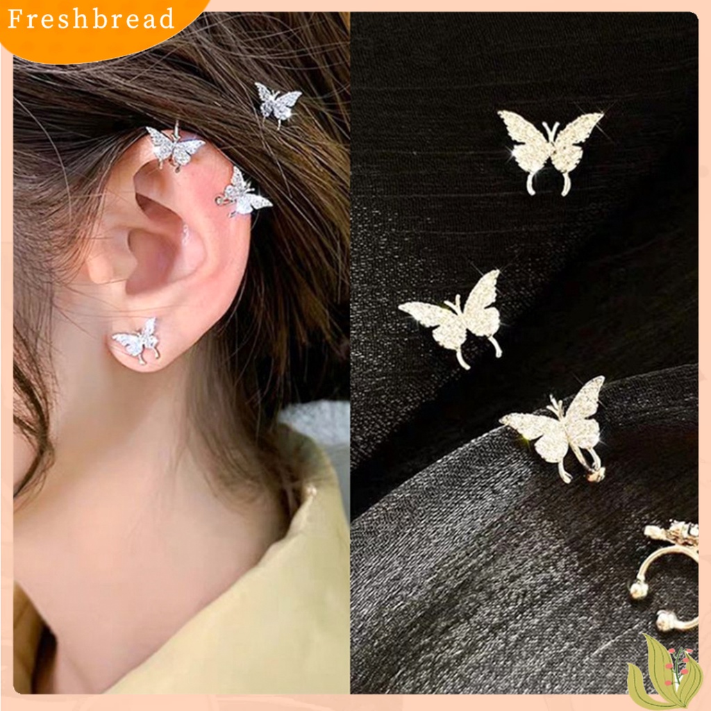 &lt; Freshbread &gt; Wanita Kupu-Kupu Anting Shiny Ear Clip Stud Pesta Pernikahan Perhiasan Aksesori Hadiah