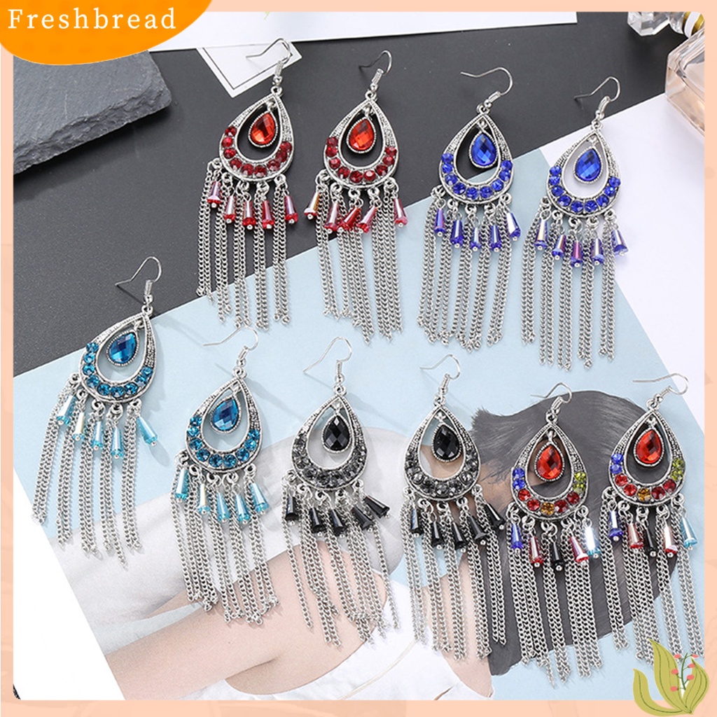 &lt; Freshbread &gt; 1pasang Anting Lady Bentuk Tetesan Air Rumbai Berlian Imitasi Vintage Drop Earrings Untuk Pakaian Sehari-Hari