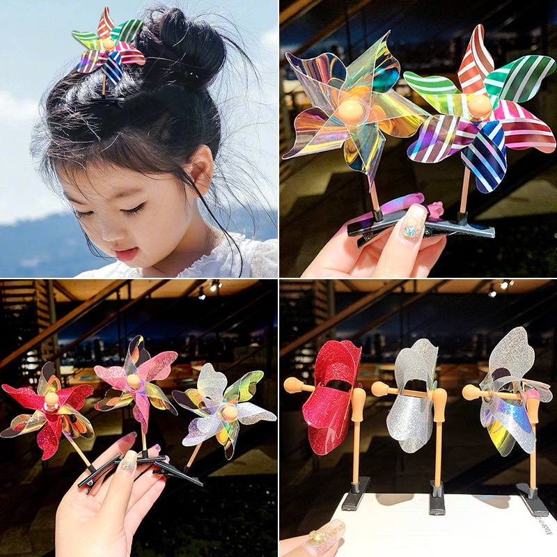 Aksesoris Rambut Kincir Angin Kecil Mini Windmill Hair Clip 1Pc Random Lucu Laser Payet Rotary Windmill Hairpin Gadis Kreatif Anak Kids Wind-Mill Mainan Luar Ruangan Warna-Warni