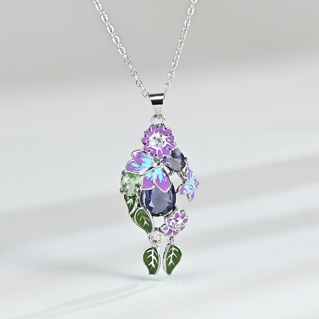 Goldkingdom Fashion Perhiasan Aksesoris Ready Stock Kreatif Dua Kupu-Kupu Pernis Liontin Berlebihan Enamel Panjang Daun Bunga Kalung