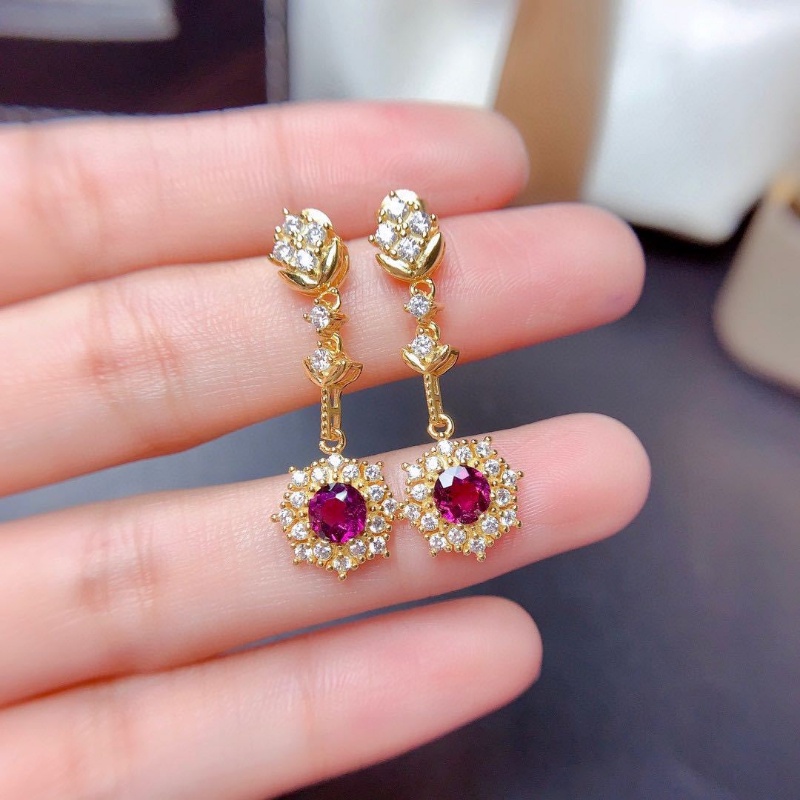 Goldkingdom Fashion Perhiasan Aksesoris Ready Stock Delima Merah Cincin Liontin Telinga Stud Set Berlapis Emas Api Warna Meledak Berkilau Amethyst Kalung