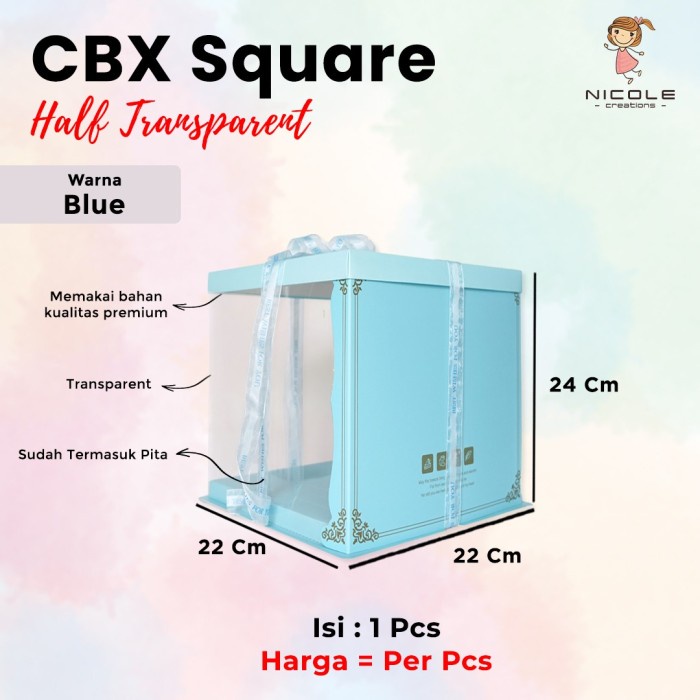 

Cake Box Half Transparant Square Mika/ Packaging Kue 22x22x 24 cm