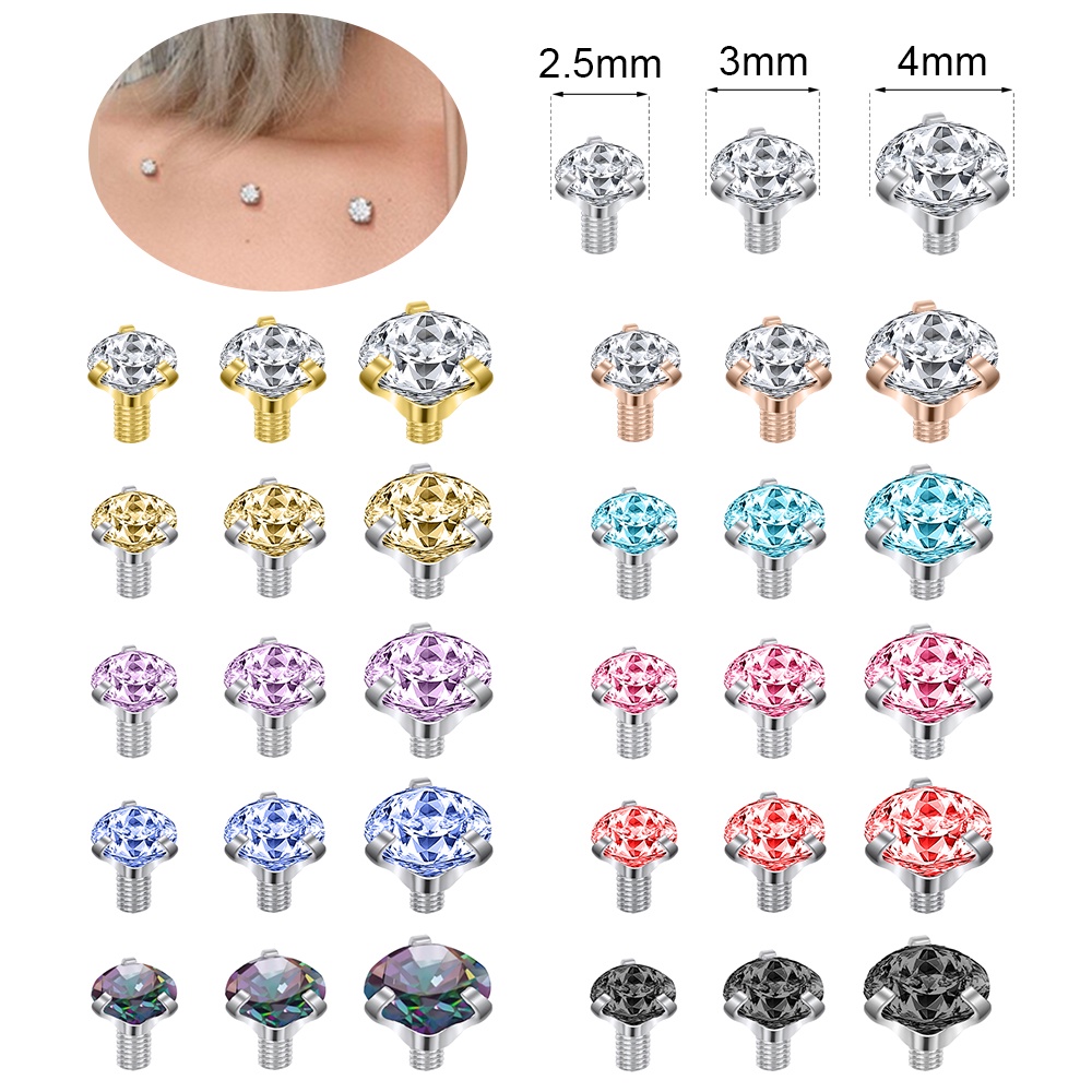 1pc 2.5/3/4mm Warna Kristal Dermal Anchor Piercing Stainless Steel Micro Dermal Permukaan Tindik Top Piercing Penyelam Kulit