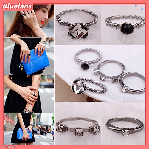 {In Stock} 4Pcs Wanita Retro Punk Berlian Imitasi Cincin Set Mid Finger Stack Ring Fashion Jewelry