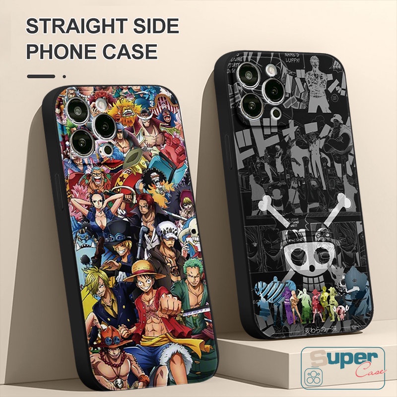 IPHONE Casing Tepi Lurus Trendi Kompatibel Untuk Iphone7 8 6 6S Plus XR 13 11 14 12 Pro Max X XS Max SE 2020 Anime Mark One Piece Doodle Shockproof Soft Tpu Phone Cover