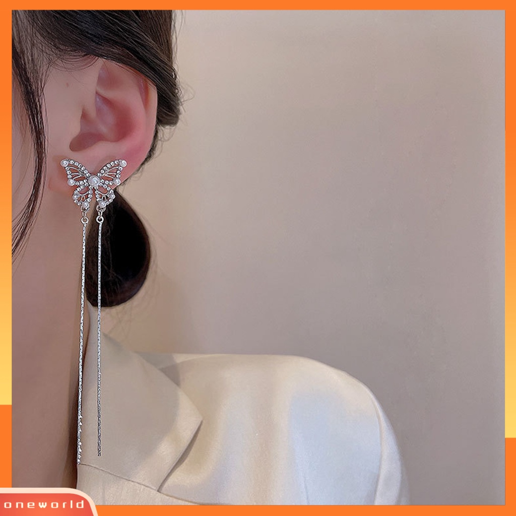 [OWR] 1pasang Drop Earrings Geometris Berlebihan Temperamen Hias Mengkilap Berdandan Elegan Klasik Berlian Imitasi Kupu-Kupu Rumbai Anting Perhiasan Fashion