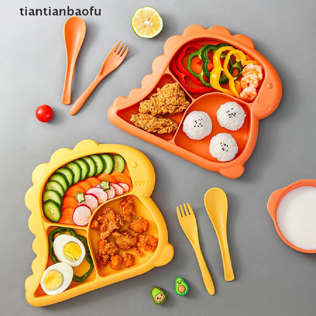 [tiantianbaofu] 4pcs/set Peralatan Makan Bayi Dinosaurus Anak Piring Makan Grid Piring Makan Butik