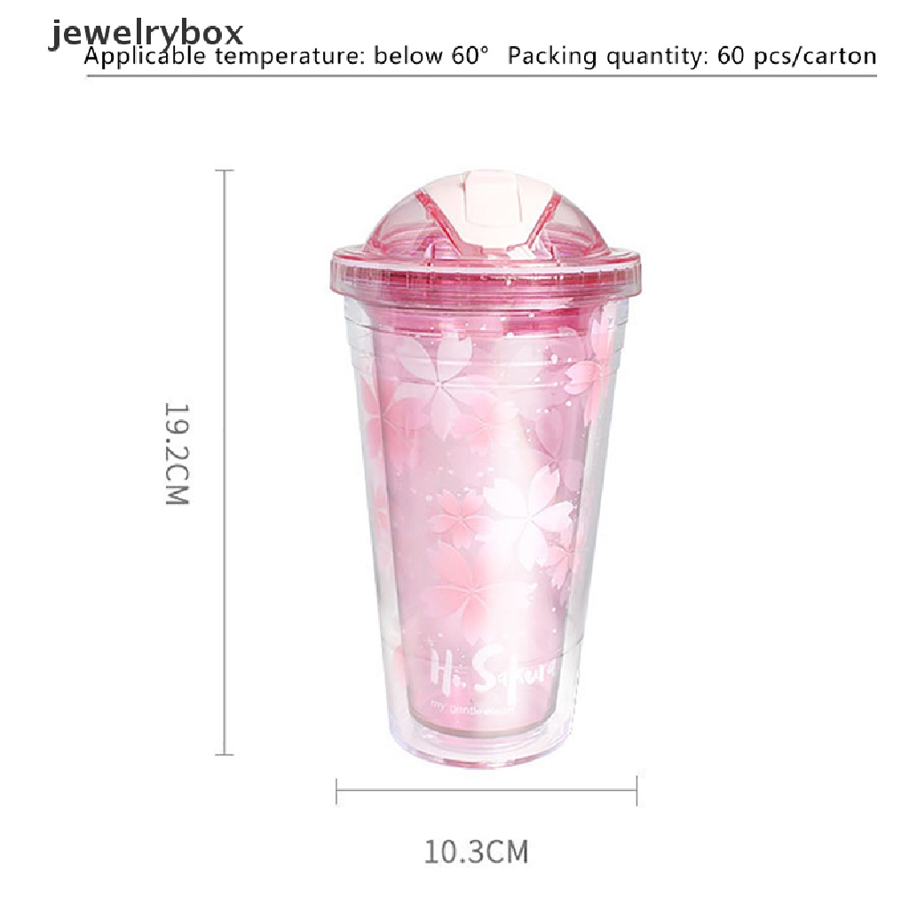 [jewelrybox] Gelas Plastik Sakura 480ml Dengan Sedotan Dan Tutup BPA Free Double Wall Dewasa Botol Air Minum Tea Cup Kawai Rumah Kantor Hadiah Butik