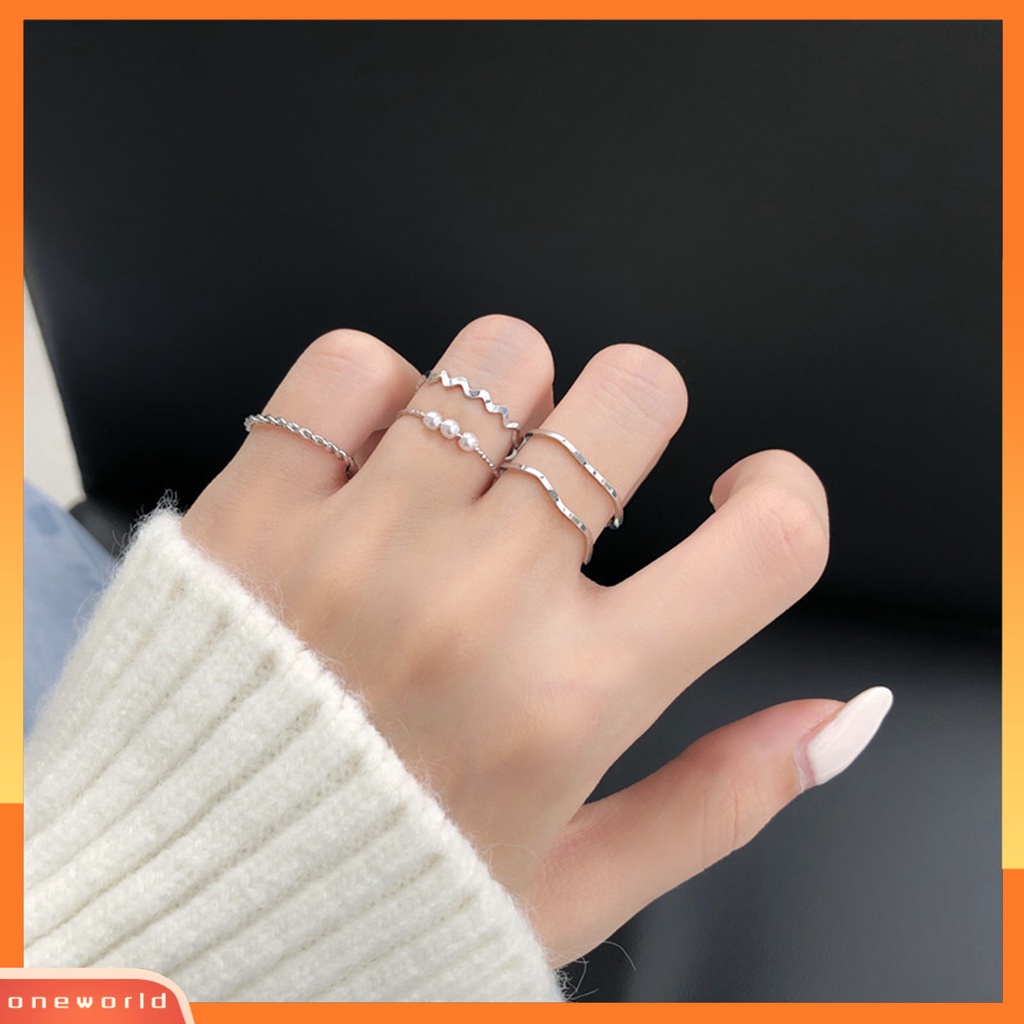 [EONE] 5pcs Cincin Jari Bergelombang Gaya Jepang Korea Mutiara Imitasi Perhiasan Electroplating Stackable Rings Set Untuk Pesta Pernikahan Perjamuan Prom