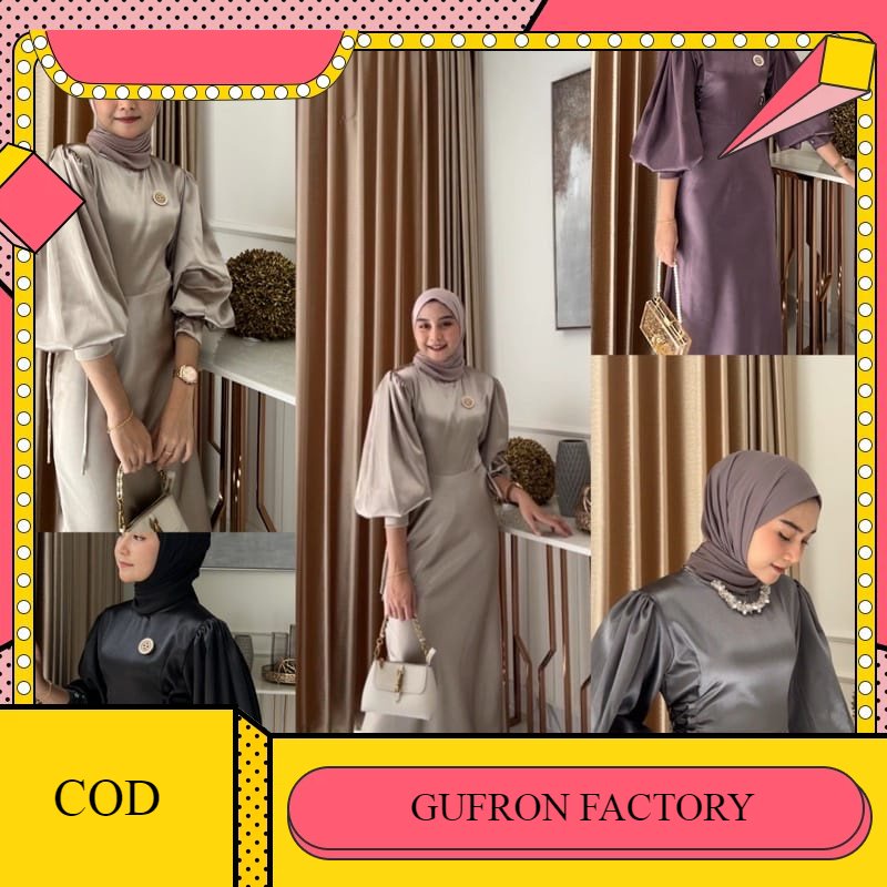 Jessica Gamis Terbaru Tali Serut Satin Silk Dress Panjang Lengan Balon Fashion Muslim Kekinian