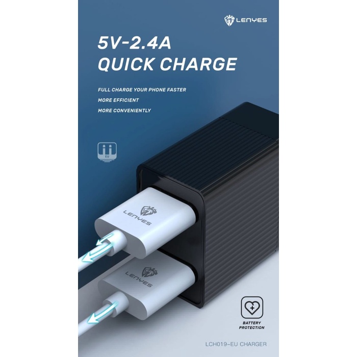 Kepala Charger LENYES LCH019 12W 2.4A 2 USB Free Kabel Data Original - Micro USB original kabel cable casan travel charger tc android usb charger micro usb type c batok kepala charger