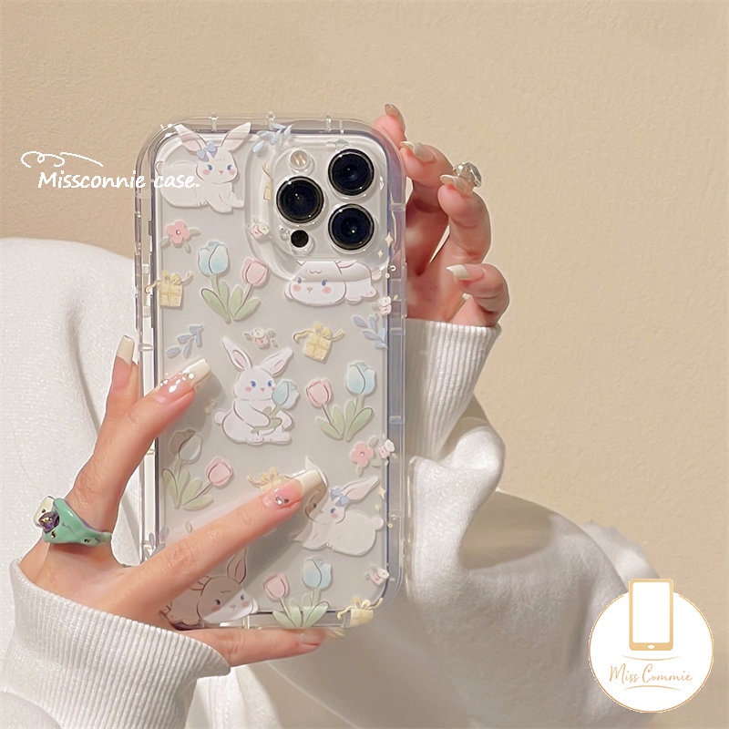 IPHONE Kartun Kelinci Lucu Case Kompatibel Untuk Iphone11 14 13 12 Pro MAX 7Plus 8Plus XR 6 6S Plus X XS MAX Ins Fresh Flower Airbag Shockproof Transparan Lembut Tpu Kawaii Phone Shell