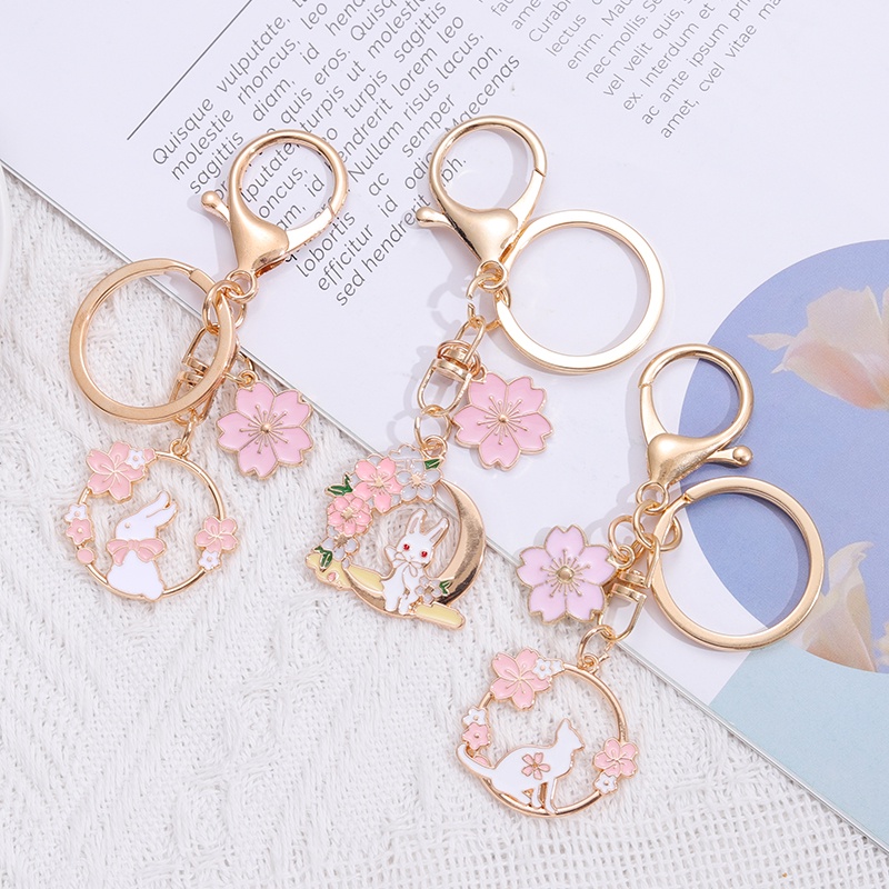 Kartun Sakura Bulan Kucing Kelinci Gantungan Kunci Untuk Gadis Wanita Lucu Kelinci Kucing Liontin Keyring Charm Mobil Keychain Accessorie DIY Perhiasan Hadiah