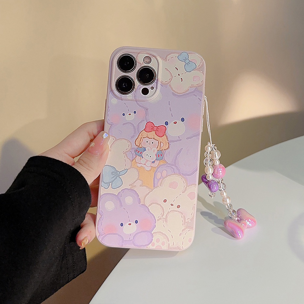 IPHONE Kartun Putri Salju Putih Ungu Muda Perlindungan Penuh Casing Ponsel Cover Manik-Manik Hati Liontin Untuk Iphone11 12 13 14 PLUS PRO MAX