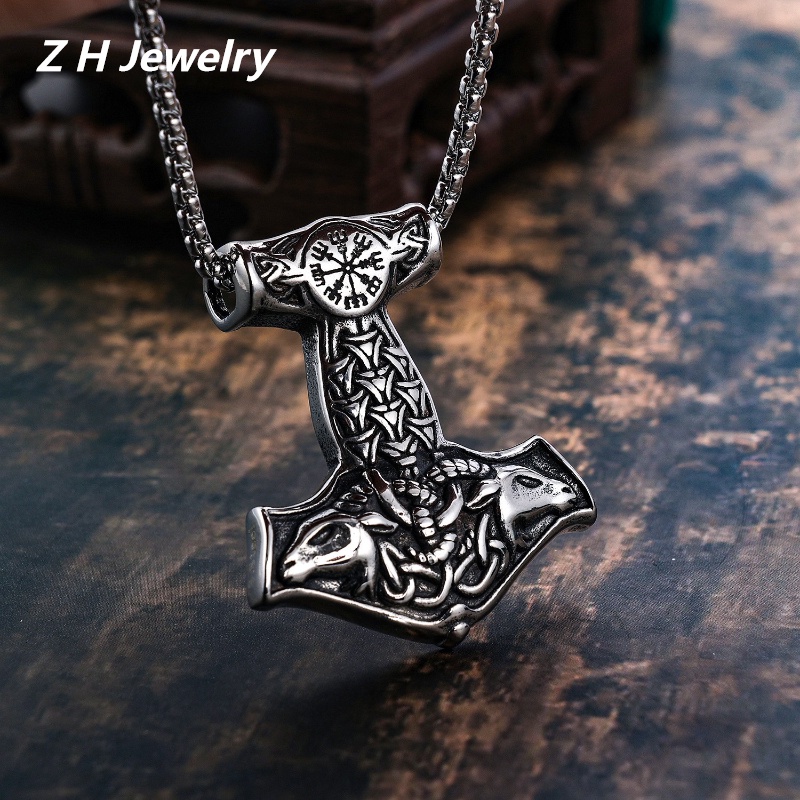 [Z H Perhiasan] Vintage Nordic Viking Ganda Antelope Domba Kepala Hip Hop Liontin Pria Dan Wanita Fashion Stainless Steel Kalung Punk Pesta Rock Perhiasan Aksesoris