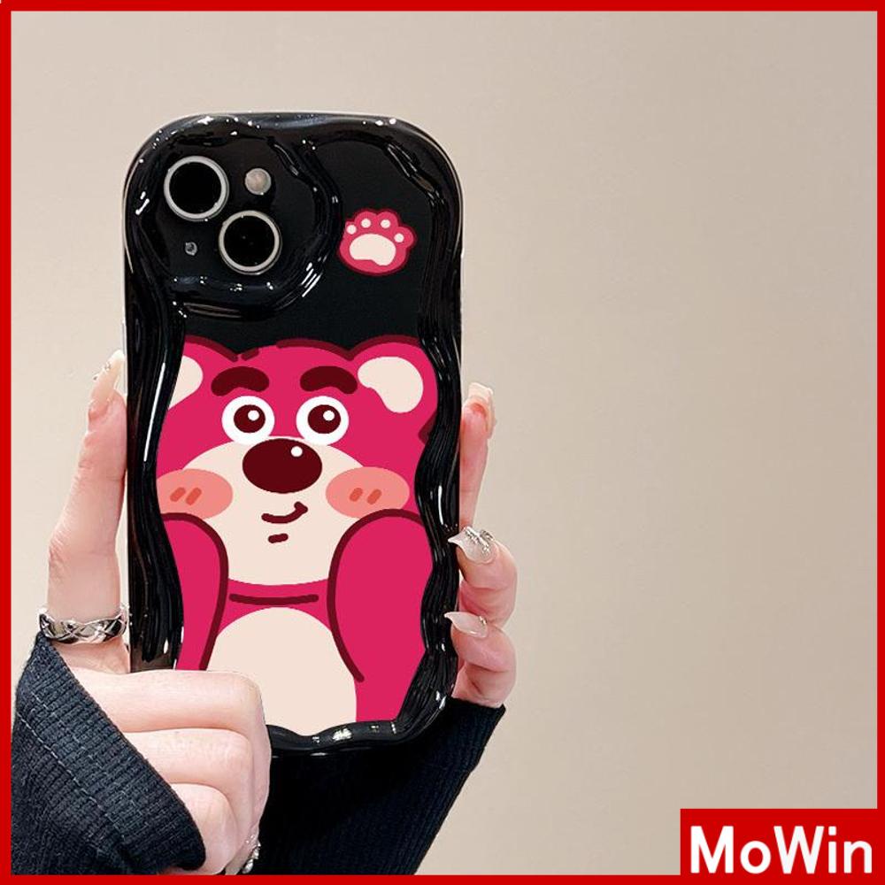 For iPhone 14 Pro Max iPhone Case 3D Curved Edge Wave Glossy Black TPU Airbag Shockproof Camera Cover Strawberry And Bear Compatible with iPhone 13 Pro max 12 Pro Max 11 xr xs max