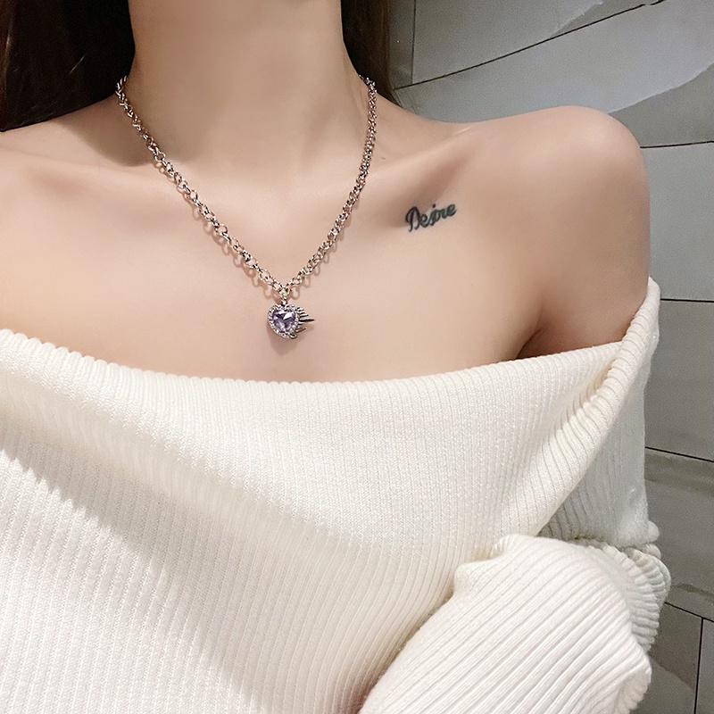 Kalung Rantai Silver Y2K Liontin Hati Zirkon Permata Ungu Elegan Untuk Aksesoris Perhiasan Wanita