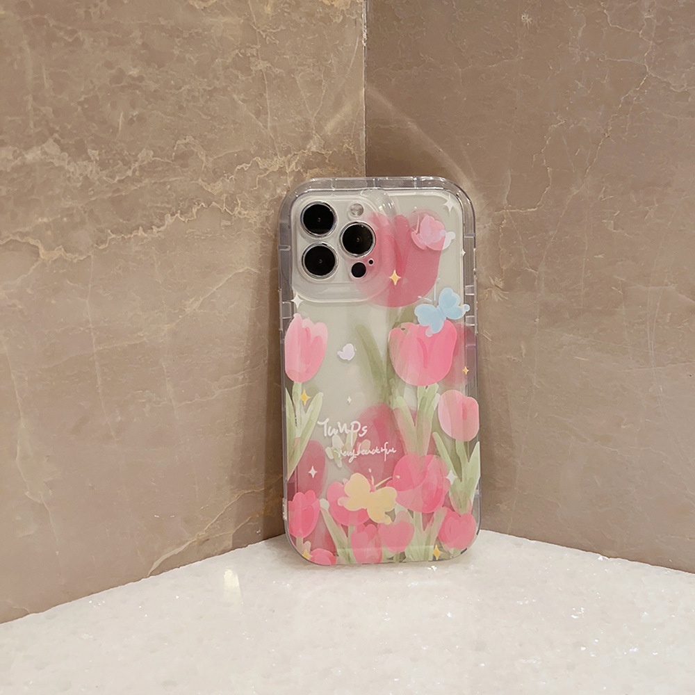 IPHONE Ins Pink Tulips Case Silikon Untuk Iphone14 11 12 13 PRO MAX Casing Cover Pelindung AT0143
