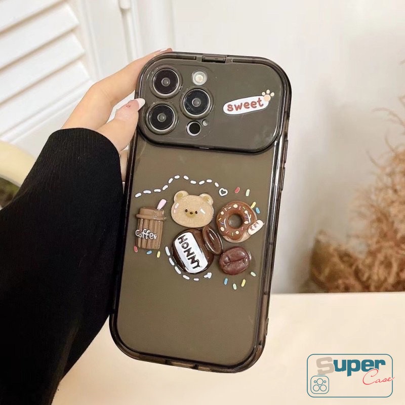 Mainan 3D Beruang Kopi Donat Stiker Kreatif Flip Make Up Mirror Case Kompatibel Untuk iPhone XR 78 14 Plus 11 13 12 14 Pro MAX XS MAX X SE Kartun Lucu Shockproof Soft Cover