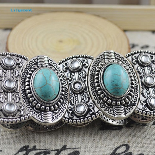 Lilyscent Retro Hadiah Wanita Oval Pirus Ukir Tibet Bangle Gelang Boho Perhiasan