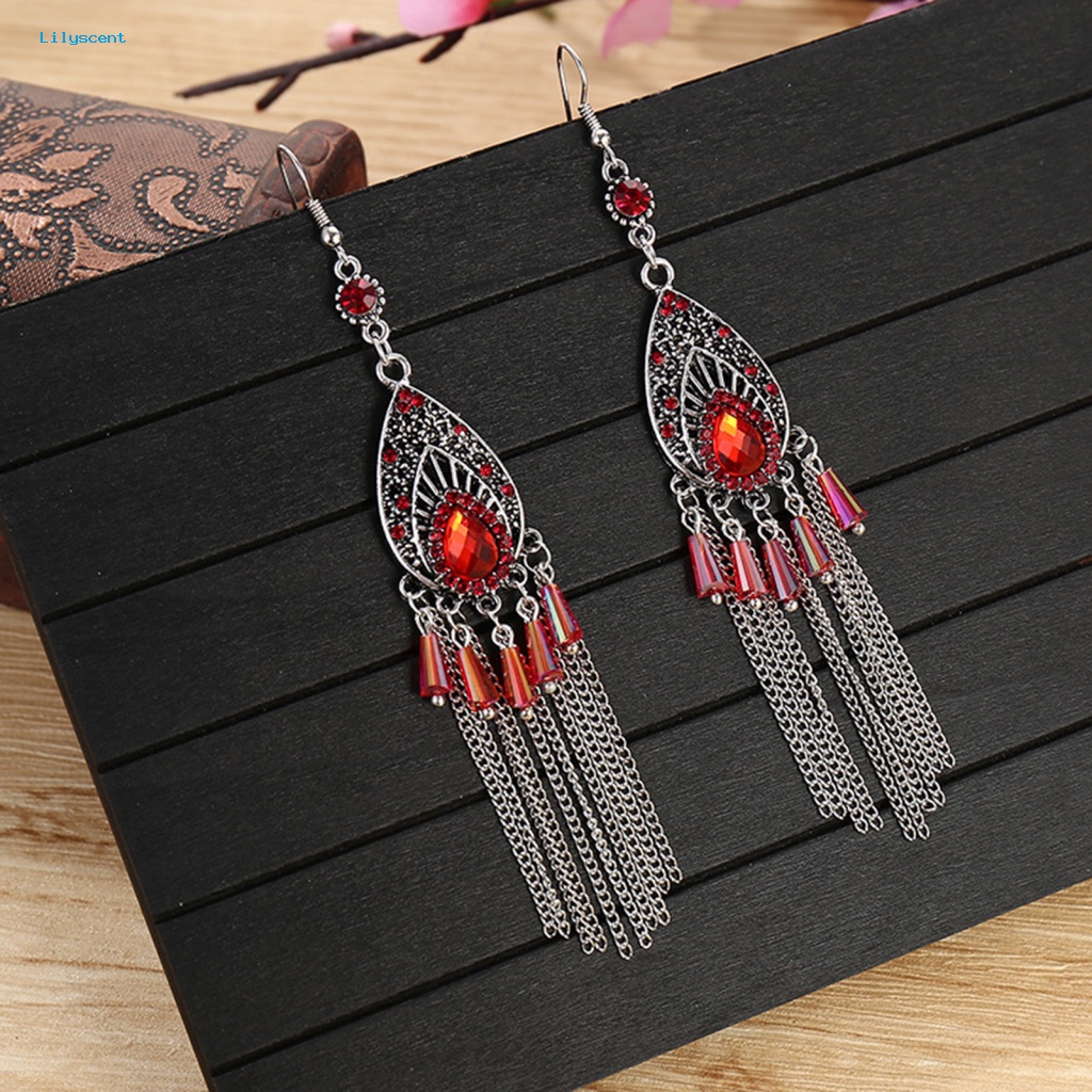 Lilyscent 1pasang Anting Drop Bebas Burr Perhiasan Fashion Gaya China Drop Earrings Rumbai Panjang