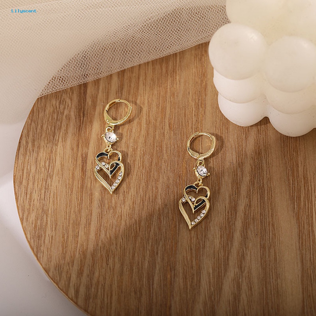 Lilyscent 1pasang Geometris Drop Earrings Retro Perhiasan Wanita Double Layer Hati Menjuntai Earrings Vintage